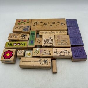 Lot Of 24 Vtg Wooden Rubber Stamps Used (Butterflies,Flowers,Birds) Springtime